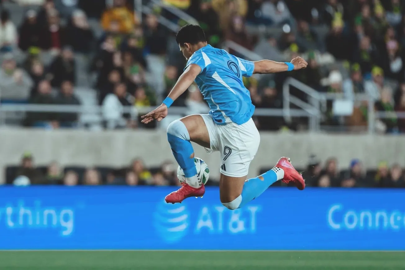 New York City FC striker Mounsef Bakrar controls the ball with a leaping touch but he fails  score a goal