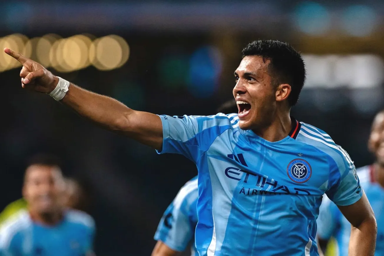 New York City FC striker Alonso Martínez celebrates after scoring the game-winning goal against Nashville SC at Yankee Stadium