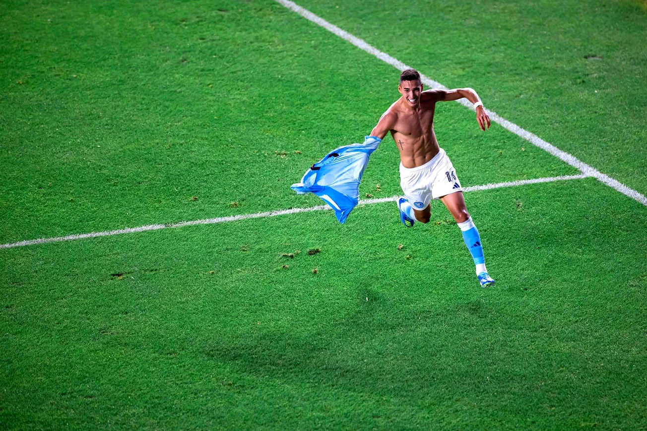 Julián Fernandez whips off his shirt after scoring the game-winner for New York City FC over Columbus Crew at Yankee Stadium