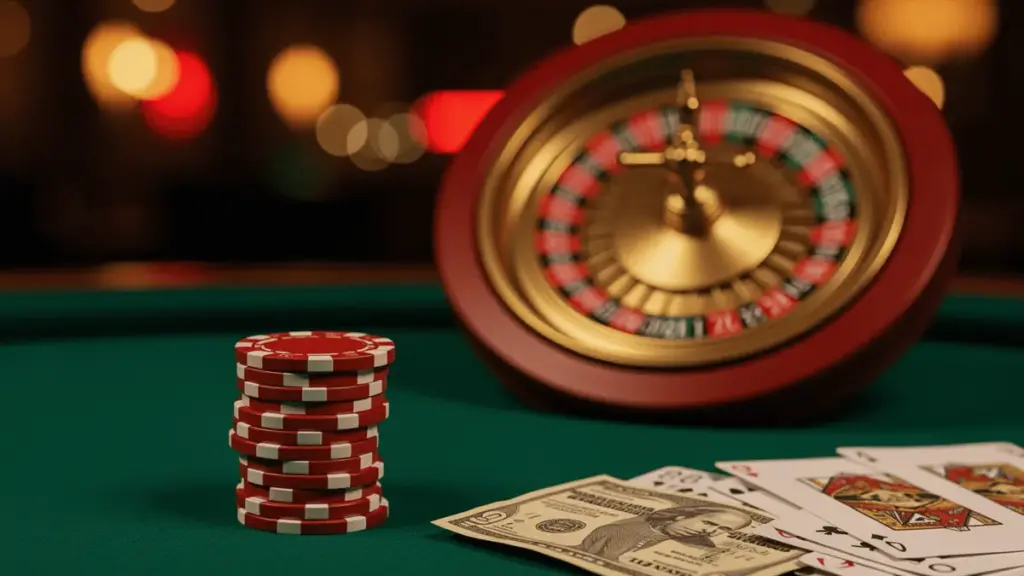 $10 casino chips and bill on green felt table with roulette wheel in background