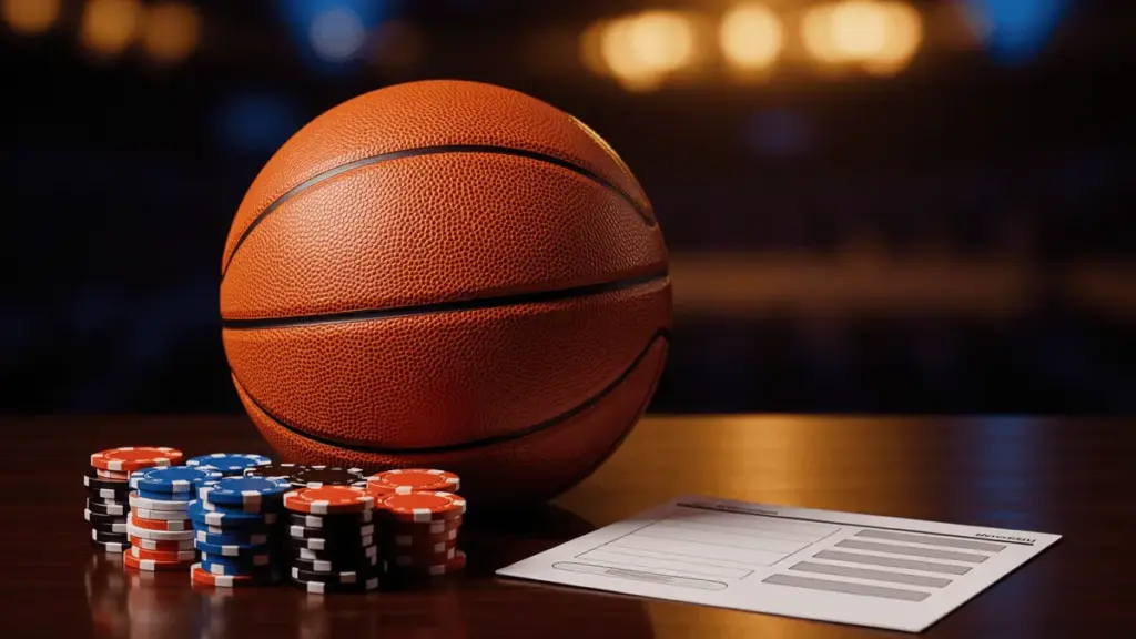 NBA basketball with betting chips and betting slip on table with arena lighting in background