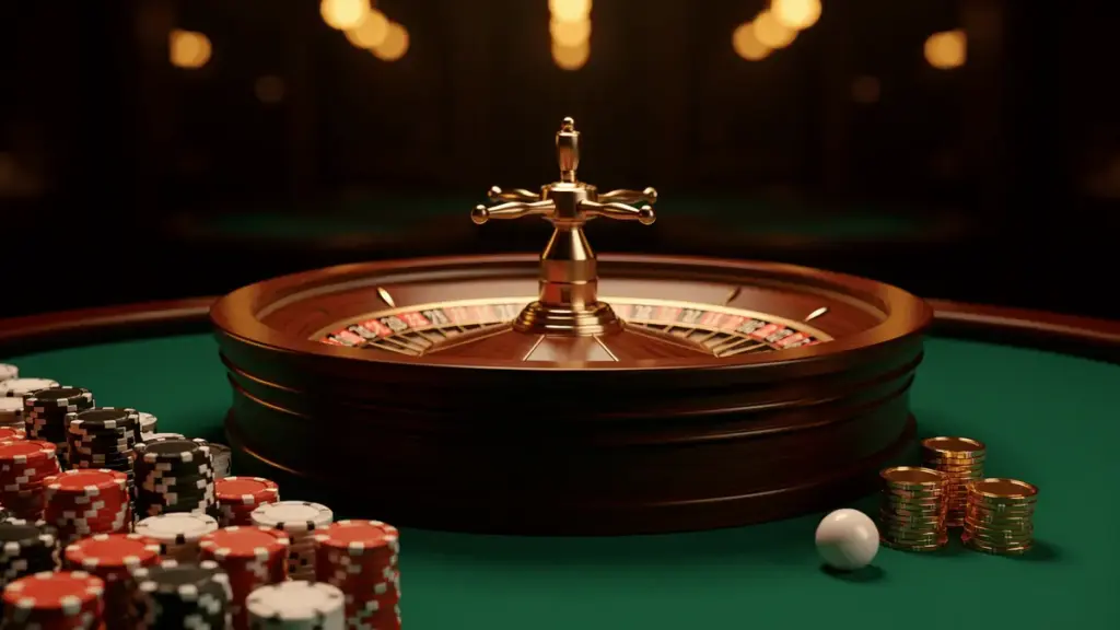 Roulette wheel and stacked casino chips on green felt table with warm casino lighting