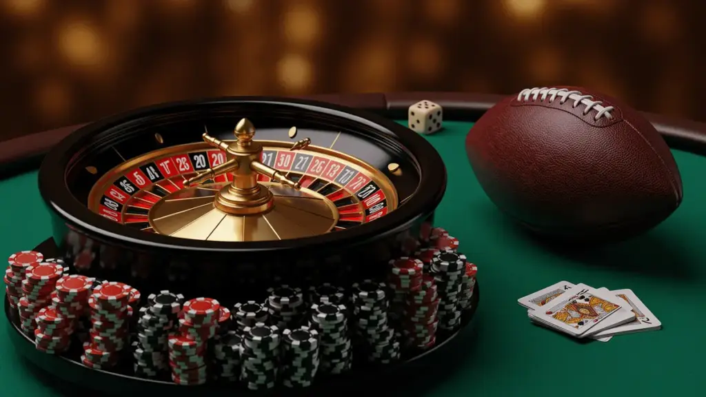 Casino chips, roulette wheel, and football on green felt table representing Texas sports betting options