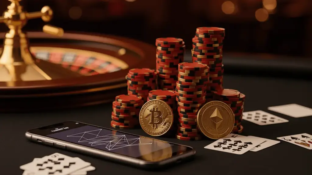 Casino chips and crypto coins on gaming table with roulette wheel representing fast withdrawal casinos