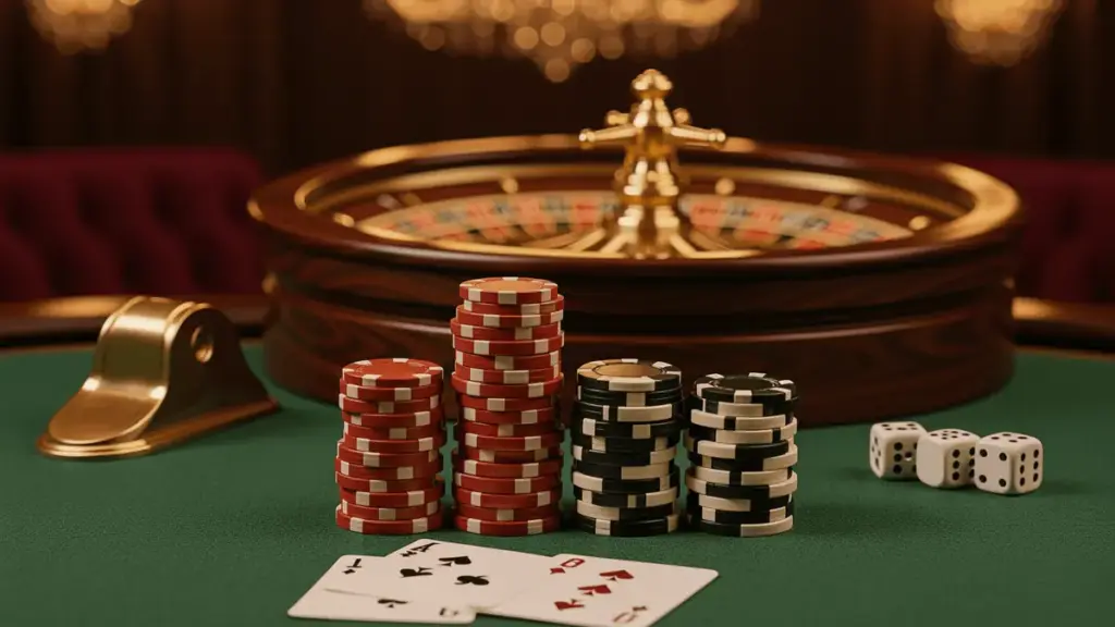 Premium casino table with stacked chips, roulette wheel, and playing cards on green felt