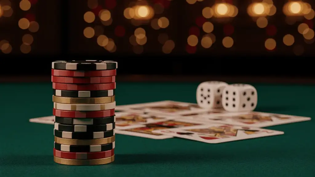 Stacked casino chips on green felt with playing cards and dice in warm cinematic casino lighting