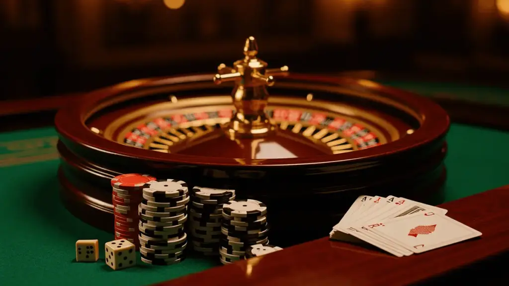 Luxury casino roulette wheel with stacked chips and cards on green felt table