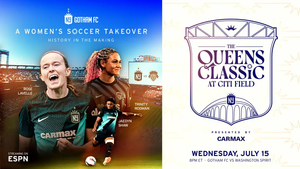 Gotham FC promotional image for the Queens Classic at Citi Field featuring players.